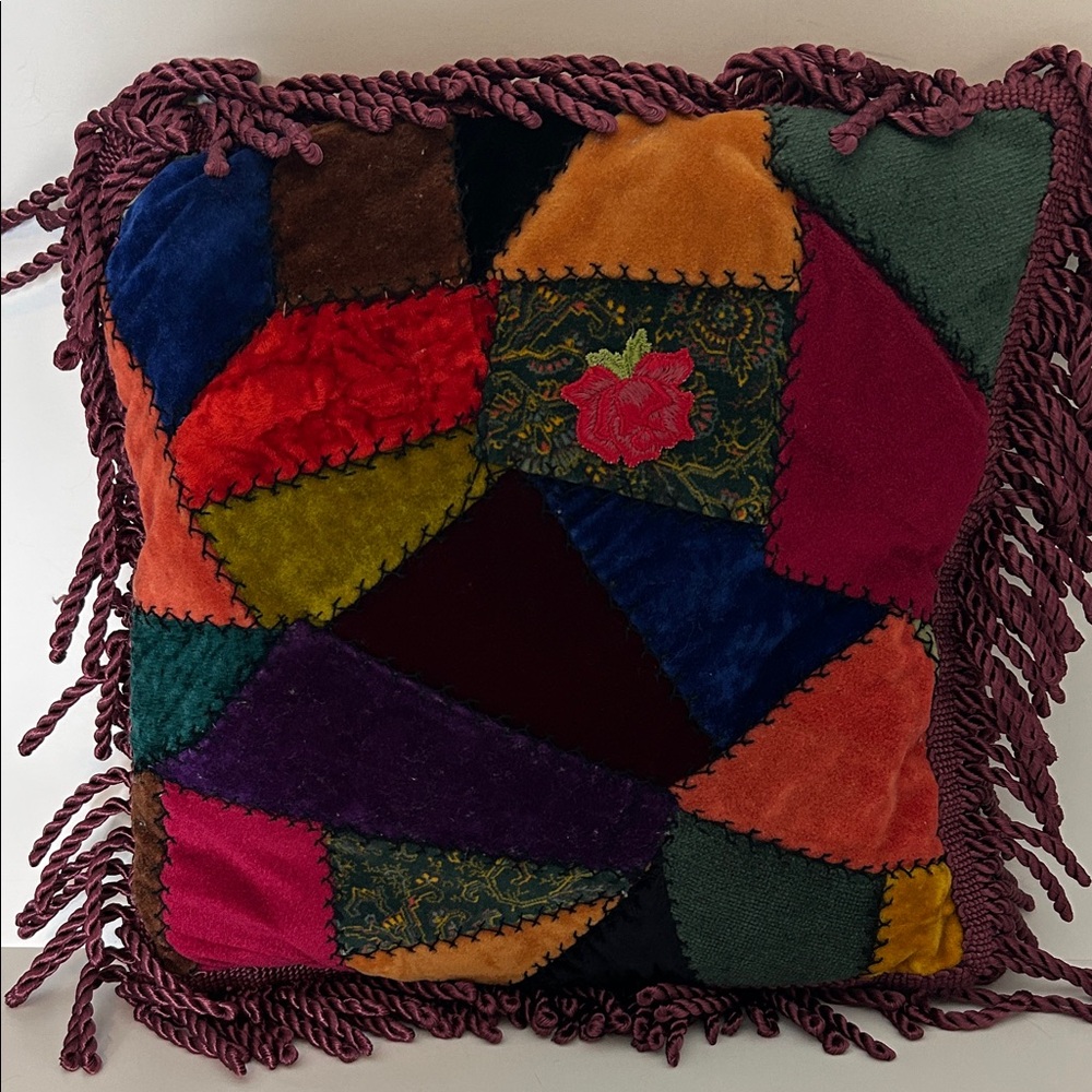 Vibrant Vintage Crazy Quilt Pillow W/ Purplish Trim,Appliqué Rose & Velvet Back